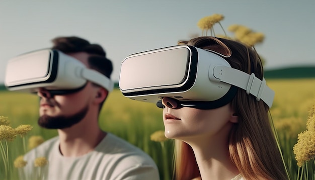 Joueurs de jeux de réalité virtuelle portant des herbes VR Technologies numériques futuristes et simulation de réalité virtuelle AI générative