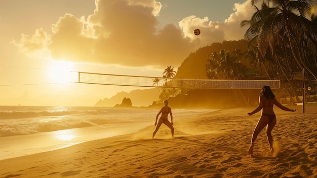 Les joueurs participent à un match de volley-ball de plage au coucher du soleil avec une magnifique toile de fond océanique