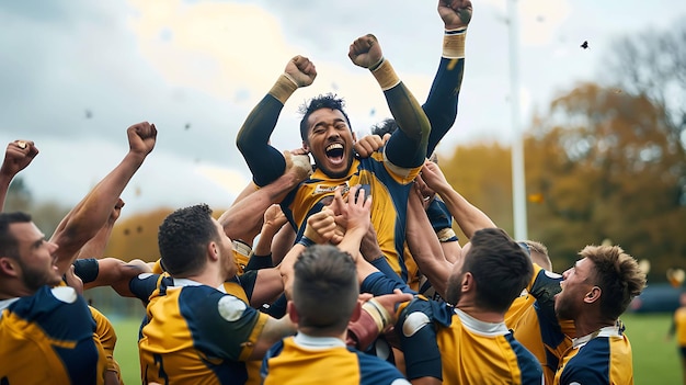 Des joueurs de rugby en extase célèbrent leur victoire en soulevant leur coéquipier en l'air.