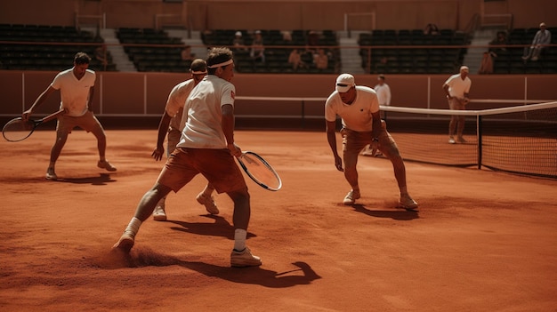 Joueurs de tennis sur terre battue avec un filet au premier plan.
