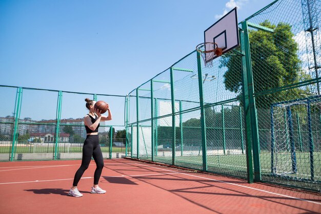 Une joueuse de basket-ball lançant une balle dans le filet.