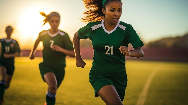 Joueuse de football qualifiée courant sur le terrain en jouant au football