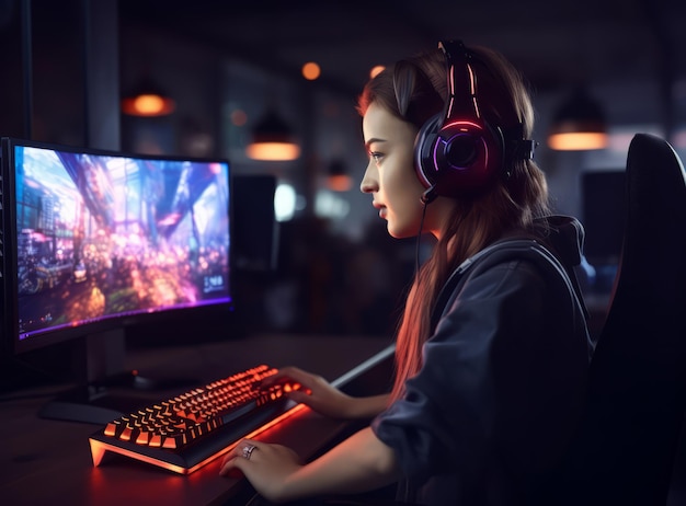 Une joueuse passionnée jouant à un jeu vidéo futuriste sur un ordinateur.