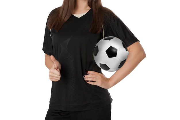 Joueuse de soccer femme avec ballon de soccer sur fond blanc