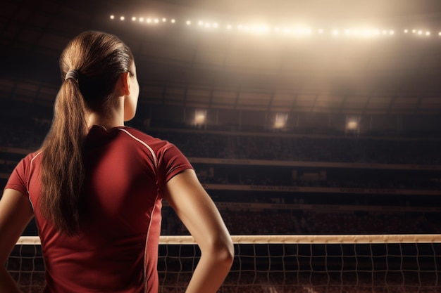 Une joueuse de volleyball se tient devant un stade avec les lumières allumées.