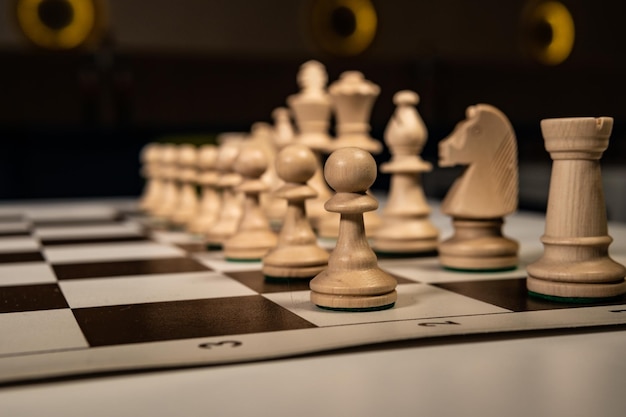 Jouez au vieil arbre d'échecs sur une plate-forme dans une cage blanche pièces noires et tours reines rois