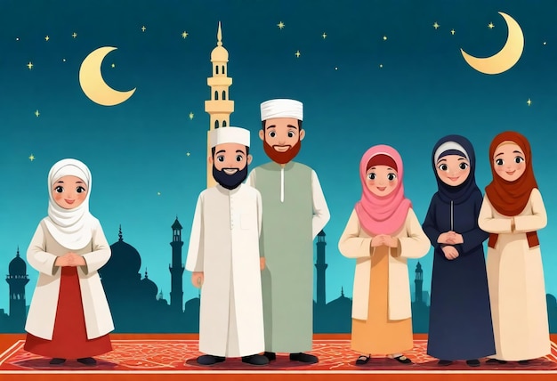 Jour de l'Aïd al-Fitr avec une illustration traditionnelle du peuple musulman