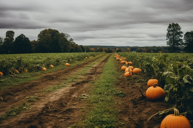 Un jour d'automne pluvieux dans une ferme de citrouilles parfait pour la cueillette en famille Prenez vos ingrédients de tarte de Thanksgiving et appréciez des légumes biologiques sans OGM