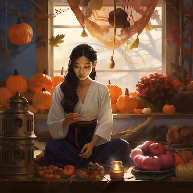 Photo jour de chuseok avec une belle fille lanternes