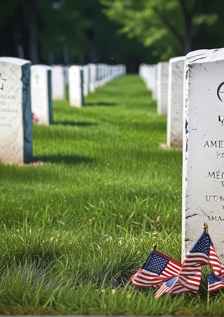 Photo jour commémoratif drapeau américain vétéran soldat un drapeau est placé dans l'herbe à la tombe de mili