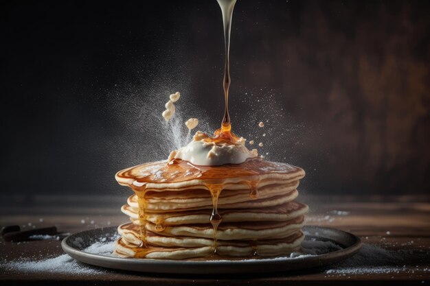 Jour de crêpes avec une pâte moelleuse délicate et verser du sirop de sucre sur le dessus