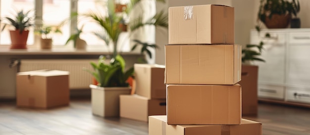 Jour de déménagement avec des boîtes de carton emballées dans un appartement frais