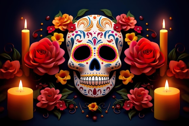 Jour du crâne mort entouré de bougies et de fleurs Crâne mexicain crâne de sucre Dia de muertos