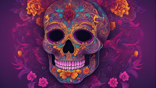 Jour du crâne de sucre mort avec fond floral illustration vectorielle