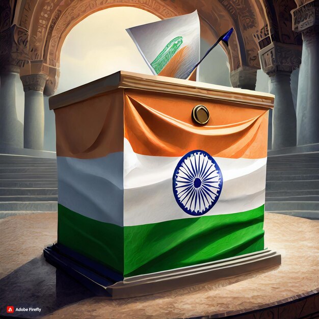Jour des élections indiennes Une boîte électorale déformée avec le drapeau national d'une Inde