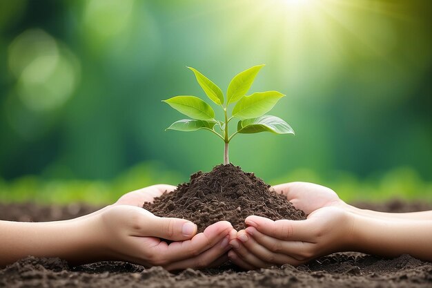 Photo jour de l'environnement de la terre dans les mains des arbres qui poussent des semis bokeh vert arrière-plan la main de la femme tenant l'arbre dans la nature