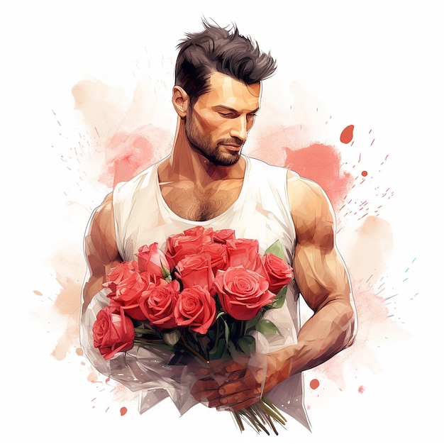 Jour de la femme un bel homme brutal avec un grand bouquet de roses dans ses mains illustration sur fond blanc