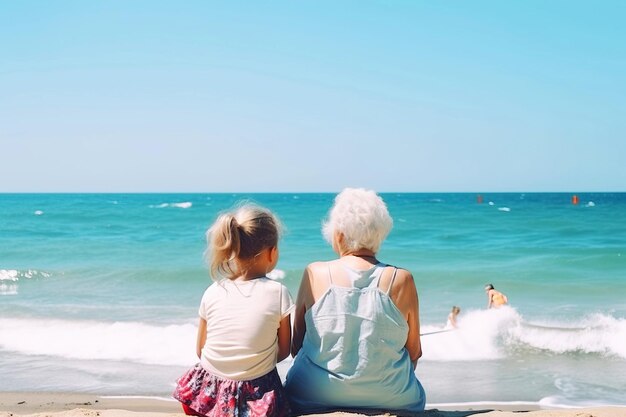 Le jour de la fête des mères, mère et fille s'assoient dans une clairière avec des fleurs au bord de la mer Personne fictive créée avec l'IA générative