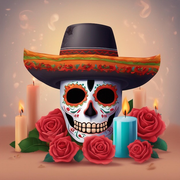 Jour de fête mexicain de composition réaliste morte avec des bougies de masque effrayantes et du papier peint de roses