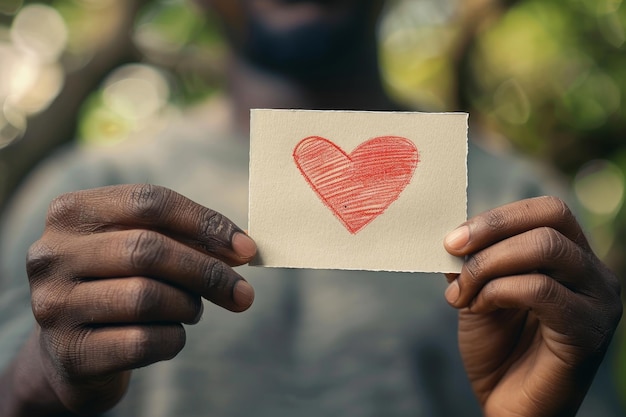 Photo le jour de la fête des pères, un père africain a reçu une carte postale en papier avec les meilleurs vœux de sa petite fille, un cœur rouge symbolisant l'amour et l'affection et un concept de vacances et de célébrations familiales.