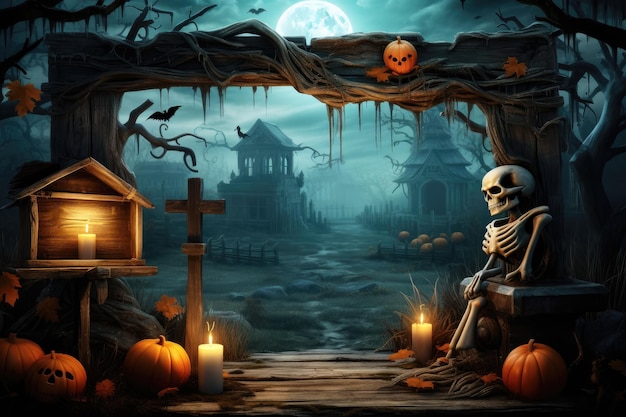 Jour d'Halloween Squelette et citrouilles dans le cimetière la nuit de pleine lune Événement de vacances Concept d'arrière-plan de bannière d'Halloween Créé avec la technologie Generative Ai