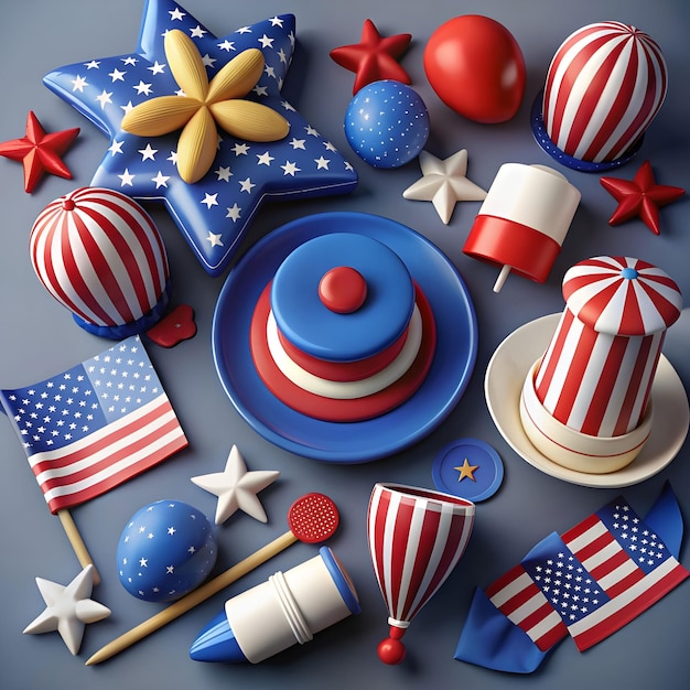 Jour de l'indépendance des États-Unis d'Amérique éléments d'aquarelle festifs avec différents symboles de vacances isolés sur fond blanc