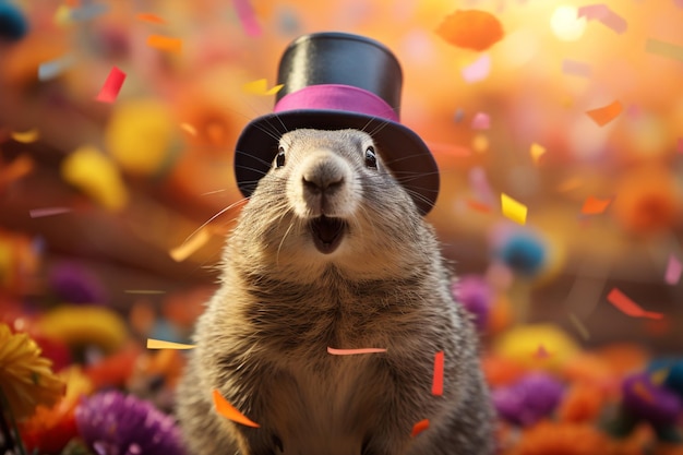 Jour de la marmotte 2 février Punxsutawney Phil chapeau heureux et souriant folklore superstition prévision météorologique symbole de l'anticipation du changement des saisons bannière carte de vœux espace de copie