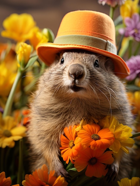 Jour de la marmotte 2 février Punxsutawney Phil chapeau heureux et souriant folklore superstition prévision météorologique symbole de l'anticipation du changement des saisons bannière carte de vœux espace de copie