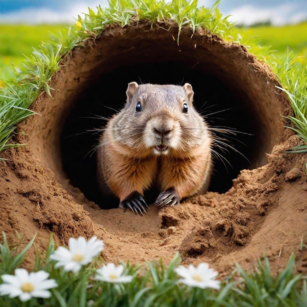 Jour de la marmotte Sortant d'un trou dans la marmotte saluant