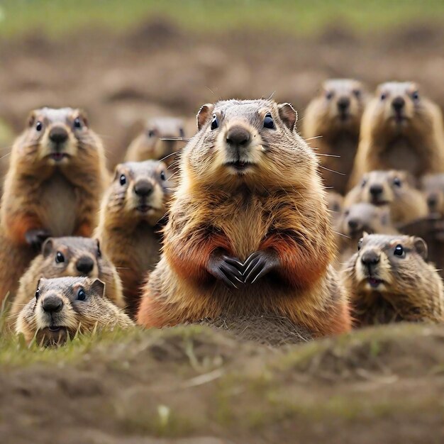 Jour de la marmotte Sortant d'un trou dans la marmotte saluant