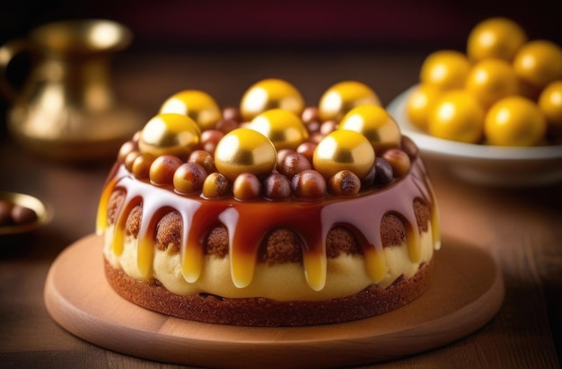 Jour des mères Dimanche des mères Jour international de la femme dessert traditionnel Gâteau des mères gâteau de simnel avec des boules de marzipan bijoux en or