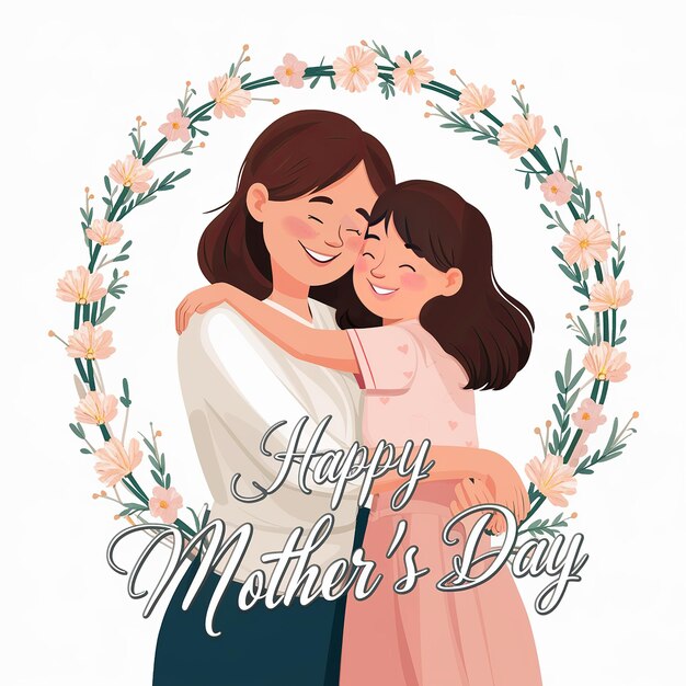 Photo jour des mères mère et fille étreignant une couronne de fleurs isolée sur un fond blanc