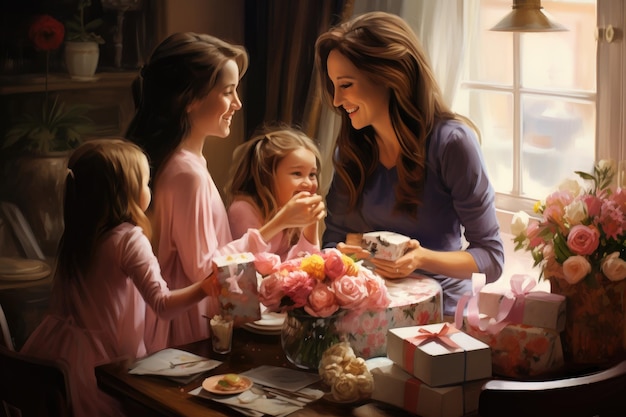 Jour des mères Mère et filles sont assises à la table et souriantes Filles affectueuses surprenant mère avec le déjeuner de la fête des mères et des cadeaux générés par l'IA