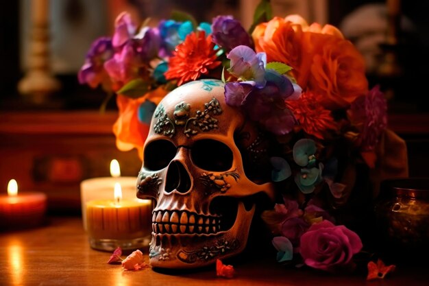 Jour des morts à l'arrière-plan avec un masque de crâne décoré de fleurs et de bougies à l'autel de la maison Holiday dia de los muertos crâne de sucre pour la fête traditionnelle mexicaine La Muerte a généré de l'IA