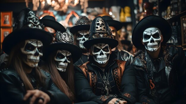 Photo jour des morts et célébrations d'halloween avec des costumes de crâne