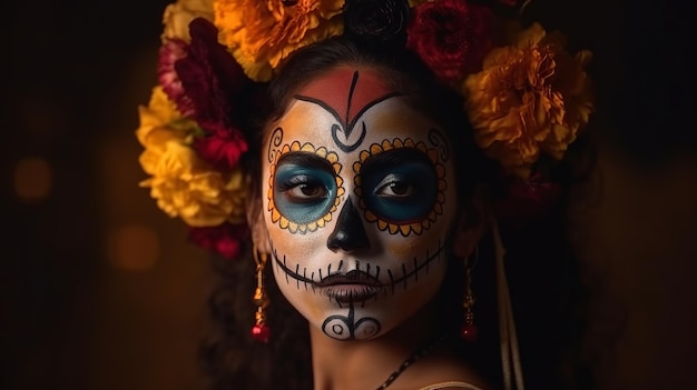 Jour des morts ou Dia de los muertos avec portrait de fille maxican portant un masque de carnaval du jour des morts