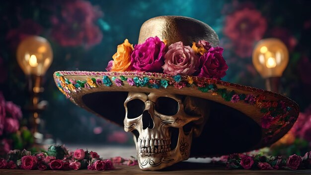 Jour des morts ou dia de muertos crâne 3D avec des fleurs généré avec l'IA