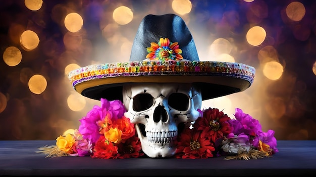 Jour des morts ou dia de muertos crâne 3D avec des fleurs généré avec l'IA