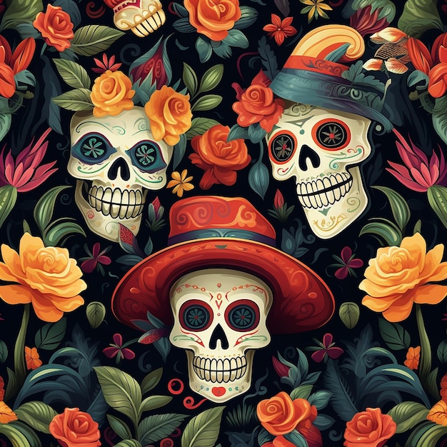 Jour des morts motif de fête mexicaine crânes et fleurs génératif ai