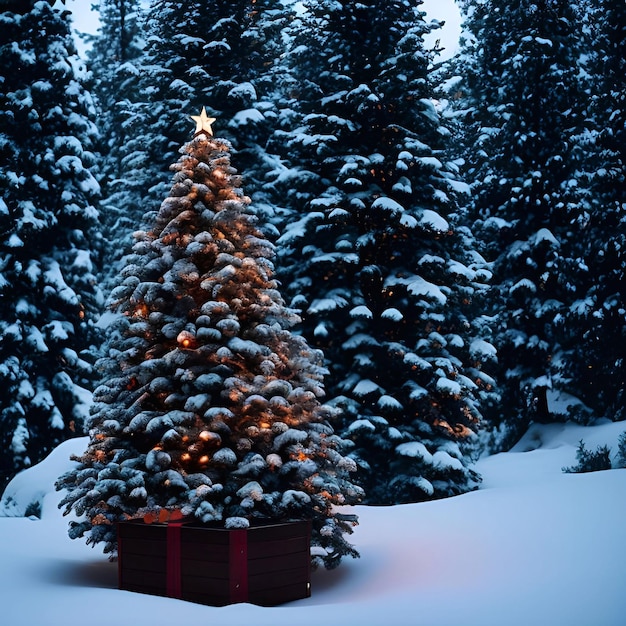 Le jour de Noël décorations d'arbres de Noël cadeaux star ball couleur bonhomme de neige fond gros plan dans une forêt de pins de neige éclairage du soir illustration art