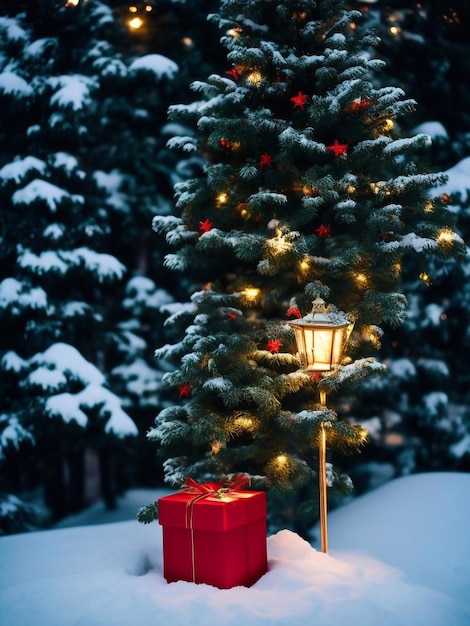 Le jour de Noël décorations d'arbres de Noël cadeaux star ball couleur bonhomme de neige fond gros plan dans une forêt de pins de neige éclairage du soir illustration art