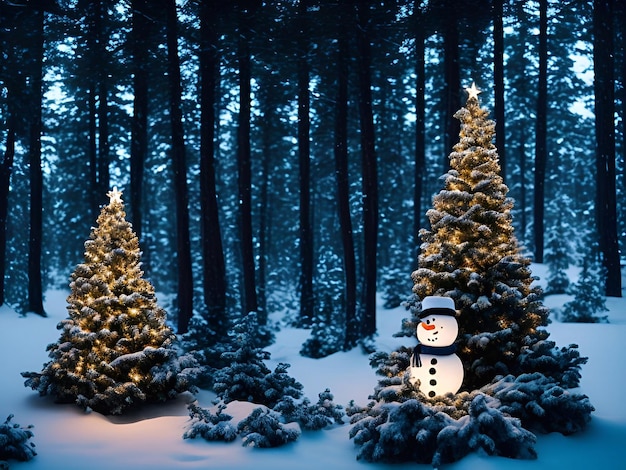 Le jour de Noël décorations d'arbres de Noël cadeaux star ball couleur bonhomme de neige fond gros plan dans une forêt de pins de neige éclairage du soir illustration art