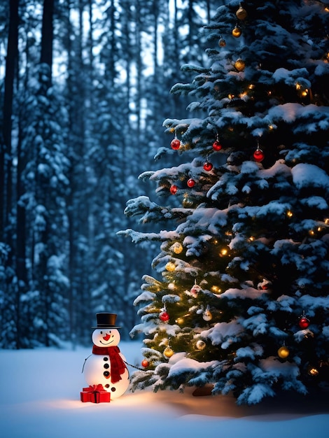 Le jour de Noël décorations d'arbres de Noël cadeaux star ball couleur bonhomme de neige fond gros plan dans une forêt de pins de neige éclairage du soir illustration art