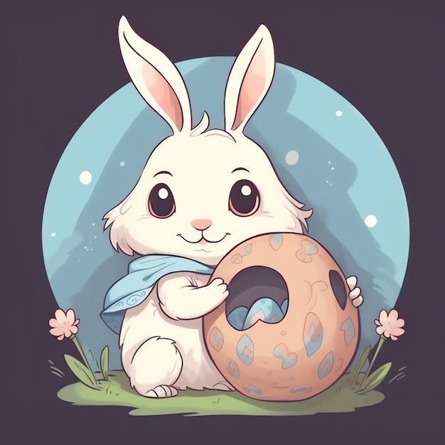Le jour de Pâques avec dessin animé mignon lapin heureux tenant un œuf coloré ou un bouquet riant Décoration de Pâque