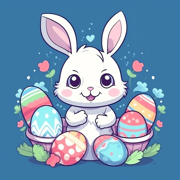 Photo jour de pâques avec dessin animé mignon lapin heureux tenant un oeuf coloré ou un bouquet riant décoration pâques