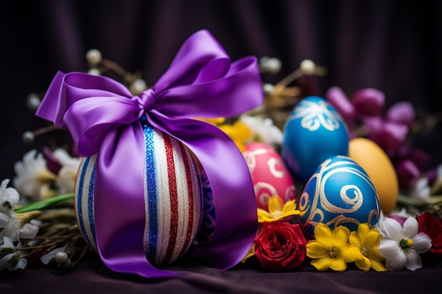 Le jour de Pâques avec des œufs de Pâque peints en couleurs et un ruban