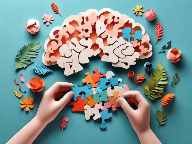 Photo jour de parkinson concept papier style artistique adultes et enfants mains tenant le cerveau avec puzzle papier cutou