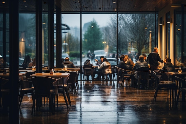 Un jour de pluie dans un café avec des gens assis près de la fenêtre