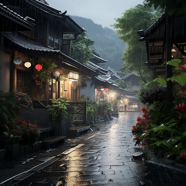 un jour de pluie dans un jardin chinois avec une lanterne et un arbre en arrière-plan