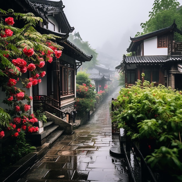 un jour de pluie dans un jardin chinois avec une lanterne et un arbre en arrière-plan